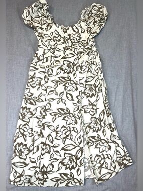 Sweet Wanderer White Midi Dress with Brown Floral Print
